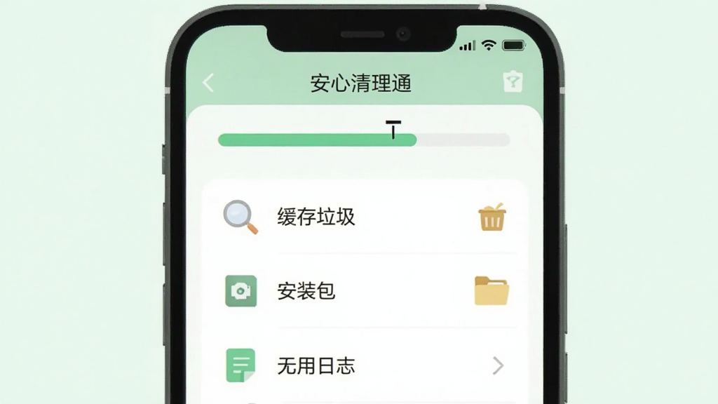 一部手机屏幕中显示“安心清理通”的扫描进度条和分类列表,列表项包括“缓存垃圾”“安装包”“无用日志”,旁边有放大镜和文件夹图标,画面采用柔和的浅绿色调,扁平化设计风格,构图居中,细节清晰,画质干净,无杂乱背景
