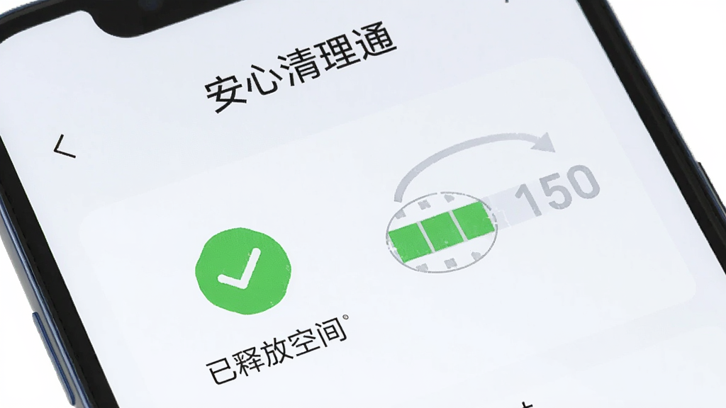 一部手机屏幕显示“安心清理通”的清理完成页面,页面中有绿色对勾和“已释放空间”字样,旁边有存储条从满变空的示意图,画面采用明亮简洁的扁平风格,构图清晰,画质干净,无多余元素