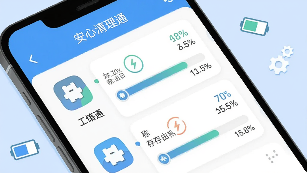 一部手机屏幕显示“安心清理通”的后台管理界面,界面中有多个应用图标和内存占用百分比条,旁边配有电池和齿轮图标,背景为淡蓝色,采用简洁的扁平化插画风格,布局清晰,细节干净,画质明亮,无多余元素