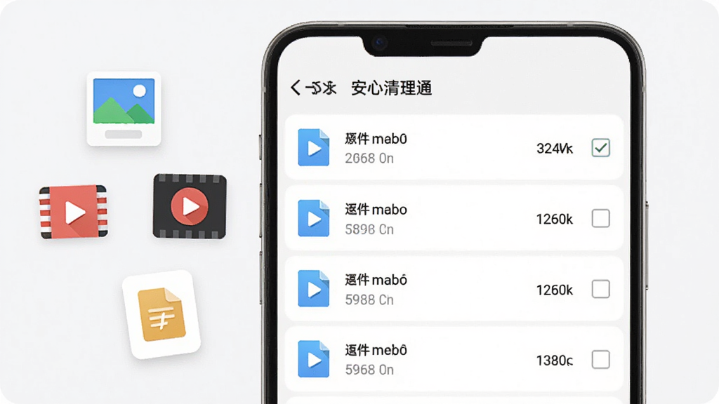 手机界面展示“安心清理通”的大文件管理页面,页面中列出多个文件条目并标注文件大小,右侧有勾选框,画面一侧漂浮着照片、视频、文档的图标,整体采用白色与浅灰色搭配的简约风格,排版整齐,画质清晰,干净无多余装饰