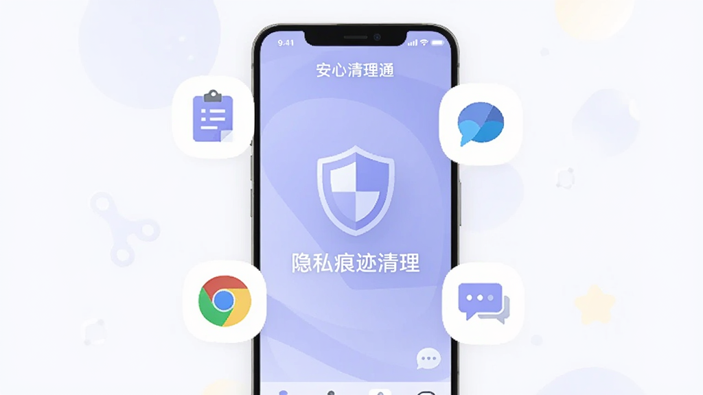 手机界面展示“安心清理通”的隐私清理模块,屏幕上有盾牌图标和“隐私痕迹清理”文字,周围环绕剪贴板、浏览器、聊天气泡的小图标,整体采用浅紫色调的扁平化风格,构图居中,画质干净清晰,无杂乱背景元素