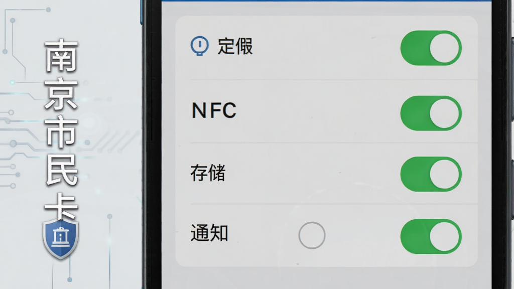 画面主体为一部安卓手机显示南京市民卡APP的权限设置界面,包含定位、NFC、存储、通知等权限开关;布局采用手机界面放大特写居中构图;排版在画面左侧以竖排文字标注“南京市民卡”并配以盾牌安全图标;风格为科技安全说明图示风;细节上权限开关呈绿色开启状态、界面文字清晰可读;画质干净锐利,背景为浅灰色无杂乱元素。