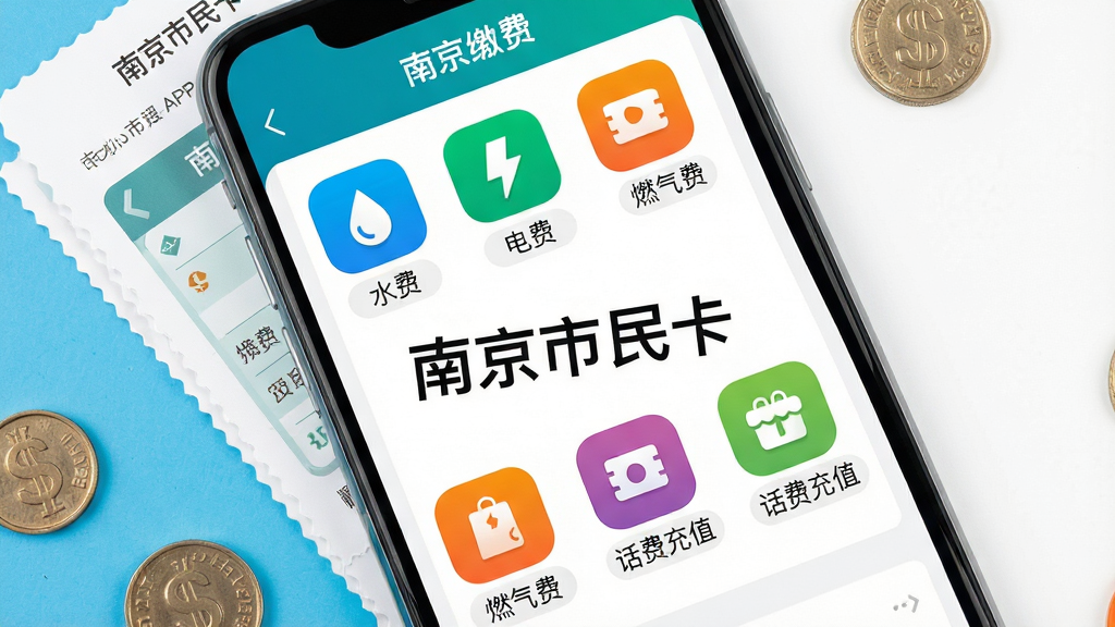 画面主体为手机屏幕特写,显示南京市民卡APP的生活缴费功能页面,包含水费、电费、燃气费、话费充值等图标整齐排列;布局采用俯视平铺构图,手机周围点缀账单与硬币元素;排版在屏幕中央以清晰字体显示“南京市民卡”;风格为清爽扁平化UI展示风;细节上图标色彩分明、分类标签清晰;画质高清锐利,背景纯色干净无干扰。