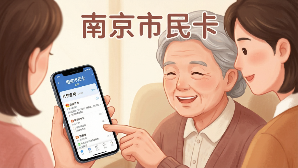 画面主体为一位老年用户在家人陪同下使用手机查看社保信息的温馨场景,手机屏幕显示南京市民卡APP的社保查询页面;布局采用温暖近景构图;排版在画面上方以柔和字体呈现“南京市民卡”字样;风格为温馨家庭生活插画风;细节上人物表情放松、界面字体清晰偏大;画质柔和干净,无多余装饰元素。
