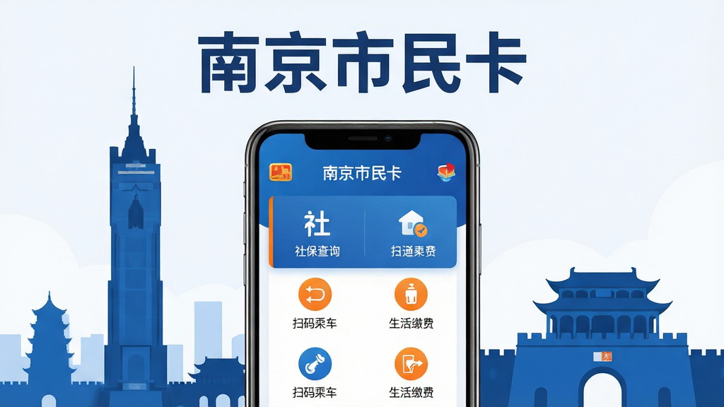 画面主体是一部智能手机,屏幕中显示南京市民卡APP的主界面,包含社保查询、扫码乘车、生活缴费等功能图标;布局采用居中对称构图,手机两侧环绕南京地标剪影如紫峰大厦与玄武门;排版将软件名称“南京市民卡”以醒目的中文字体放置在画面上方;风格为现代扁平化科技插画风,配色以蓝白为主、辅以橙色点缀;细节上手机界面图标清晰、地标线条简洁流畅;画质要求高清干净,无多余元素与杂乱装饰。