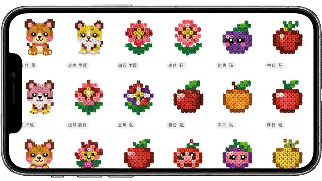 拼豆豆解压神器界面截图风格生图,画面展示多个拼豆图案模板缩略图排列在手机屏幕上,包含小动物、花朵、水果等彩色豆豆图案,主体为手机界面,布局为网格状展示,风格活泼明快,细节包含彩色豆豆拼成的图案、简洁分类标签,画质高清,干净,无多余元素