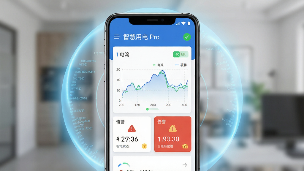 智慧用电Pro软件主界面展示,主体为一部安卓手机,屏幕显示用电安全监测仪表盘,包含电流电压曲线与告警卡片,布局为手机居中、四周环绕淡蓝色数据光晕,排版简洁清晰,风格为现代科技扁平化,细节包含“智慧用电 Pro”文字标识与绿色安全状态图标,画质高清,干净,无多余元素