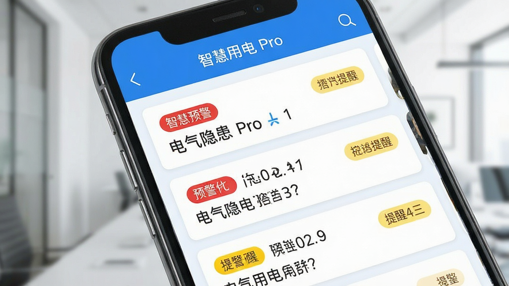 智慧用电Pro功能界面,主体为手机屏幕展示电气隐患预警列表,布局为列表式卡片排列,排版左对齐,风格为清爽浅色商务风,细节包含红色预警标签、黄色提醒标签与“智慧用电 Pro”页眉文字,画质清晰,干净,无多余元素