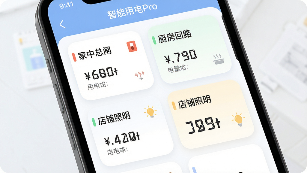 智慧用电Pro多场景管理界面,主体为手机屏幕呈现分组卡片式布局,布局为两列网格排列,排版整齐,风格为柔和圆角清新风,细节包含“家中总闸”“厨房回路”“店铺照明”等分组名称与对应电量数值,画质高清,干净,无多余元素