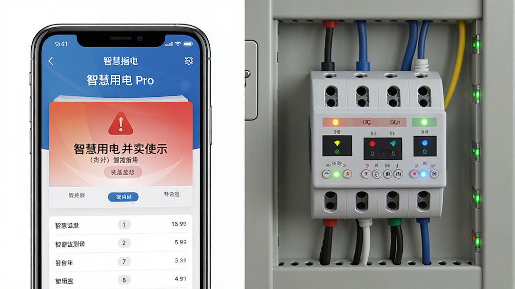 智慧用电Pro使用指南场景图,主体为一部手机与配电箱并排摆放,布局为左手机右配电箱,排版平衡,风格为写实生活化,细节包含手机屏幕显示“智慧用电 Pro”告警页面、配电箱上有智能监测模块指示灯,画质清晰,干净,无多余元素