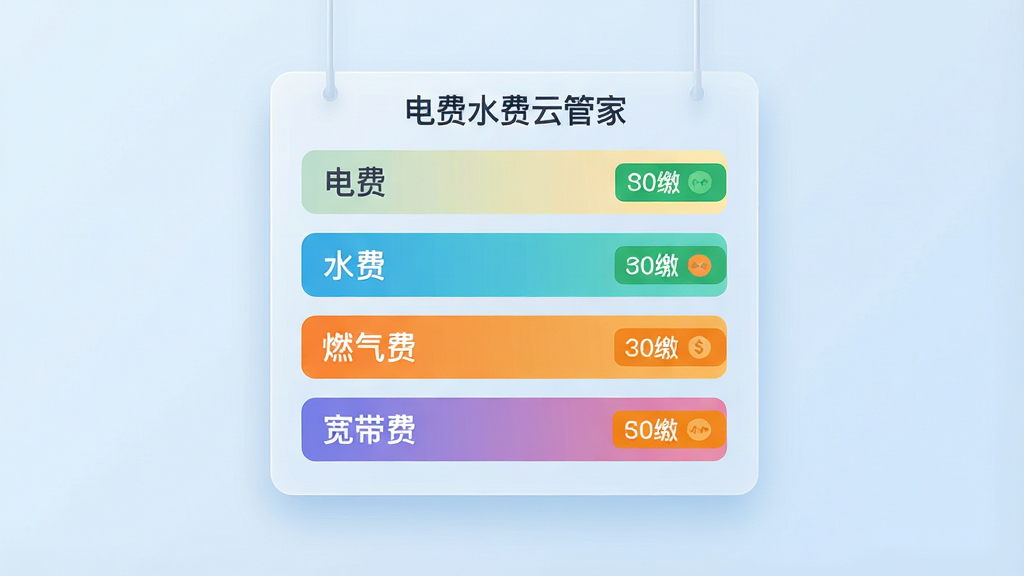 一张家庭账单管理界面的AI生图,主体为悬浮在浅蓝色背景上的半透明卡片面板,面板中整齐排列电费、水费、燃气费、宽带费四个彩色标签条目,每条右侧带有绿色已缴或橙色待缴状态标识,布局为纵向列表居中展示,风格为现代简约扁平化,细节包含细腻的投影和圆角矩形,画质清晰干净无多余元素,画面中带有文字“电费水费云管家”