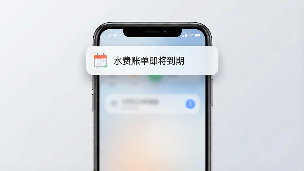 一张手机通知提醒场景的生图,主体是一部竖立的智能手机,屏幕上方弹出一条账单到期提醒通知卡片,卡片内有日历图标和“水费账单即将到期”字样,布局为手机居中、背景为柔和的浅灰色渐变,风格为清爽现代UI风格,细节包含通知卡片的圆角与阴影处理,画质高清干净无多余元素