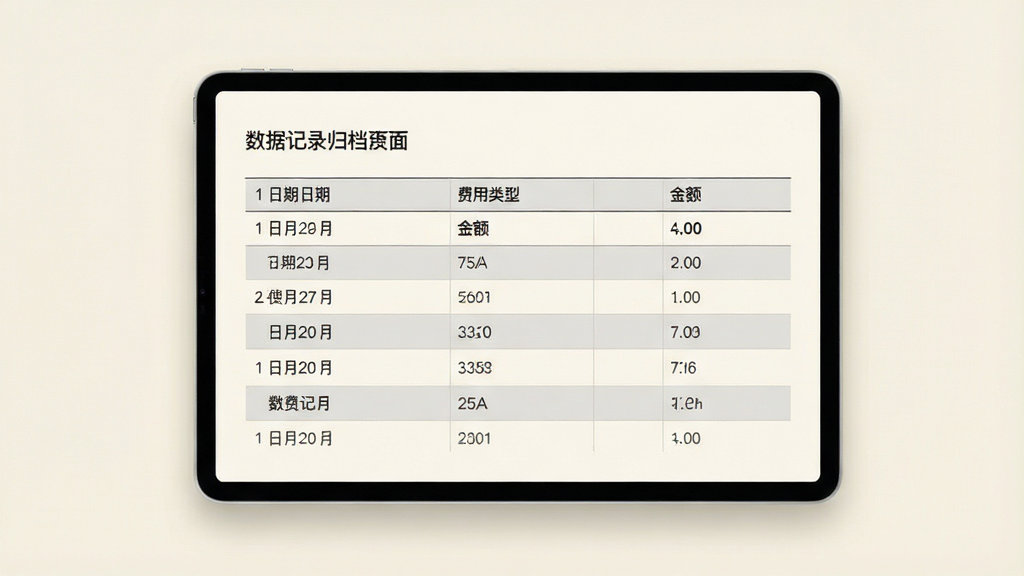 一张数据记录归档界面的生图,主体为一块悬浮的平板屏幕,屏幕中展示按月排列的缴费记录表格,表格包含日期、费用类型、金额三列,布局为屏幕居中、背景为淡雅的米白色,风格为素雅极简商务风,细节包含细线表格和浅灰色隔行底色,画质清晰干净无多余元素