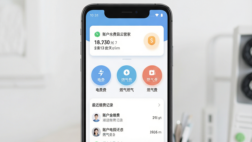 一张手机应用界面展示图,主体是一部居中摆放的安卓手机,屏幕上显示电费水费云管家应用首页,布局包含顶部账户余额卡片、中部电费水费燃气费三个圆形功能入口、底部最近缴费记录列表,排版整齐清晰,风格为清爽浅色系扁平化设计,细节包含柔和阴影和圆角图标,画质高清干净无多余元素