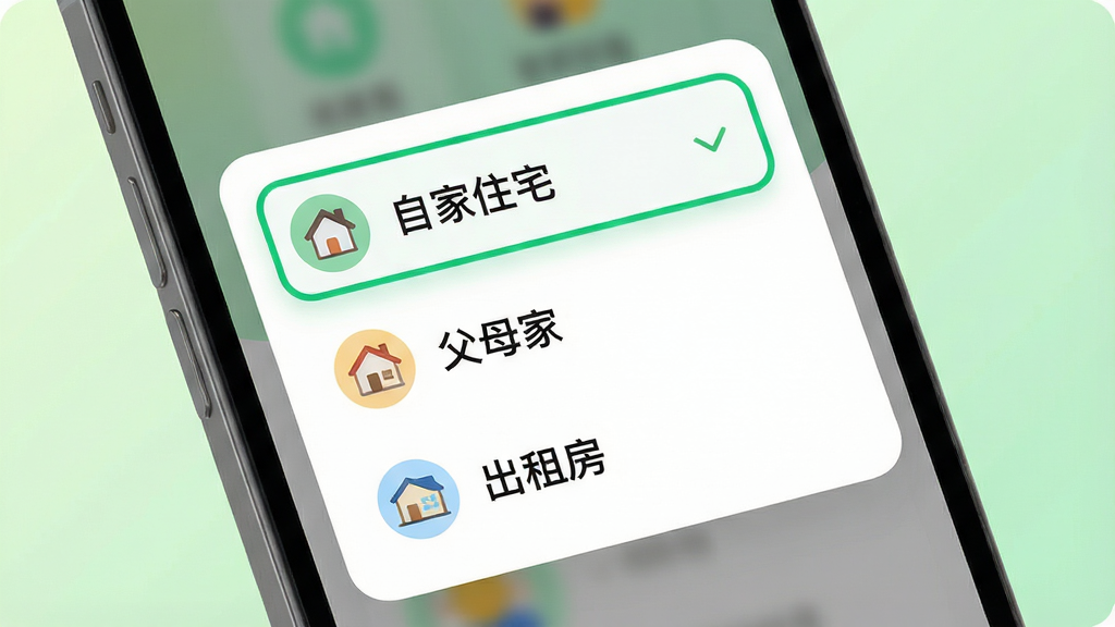 一张多账户切换功能的生图,主体为手机屏幕特写,屏幕中显示账户切换下拉面板,面板内列出“自家住宅”“父母家”“出租房”三个账户选项,布局为手机居中、背景为浅绿色柔和渐变,风格为清新圆角卡片设计,细节包含选中状态的高亮描边和头像图标,画质高清干净无多余元素