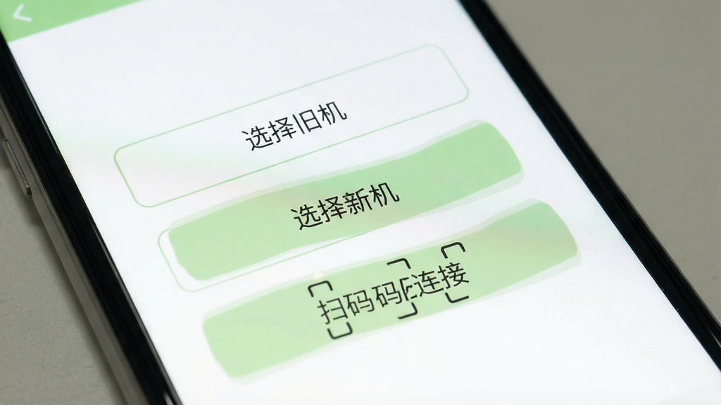手机屏幕特写,显示简洁的步骤引导界面,包含“选择旧机”“选择新机”“扫码连接”等按钮,界面配色为白色与浅绿色搭配,布局疏朗,风格扁平化,细节清晰,画质干净,无多余元素