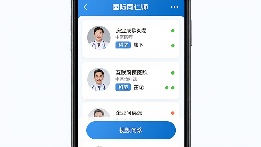 ͬ���ù����ֻ��˻�����ҽԺ������棬����Ϊ�ֻ���Ļչʾҽ���б�����Ƶ���ﰴť�����־���ͻ��������ڣ��Ű����·ֲ�����������Լҽ��������ɫ��ϸ�ڰ�����ҽʦͷ�񡢿��ұ�ǩ������״̬Բ�㣬���������ɾ��޶���Ԫ��