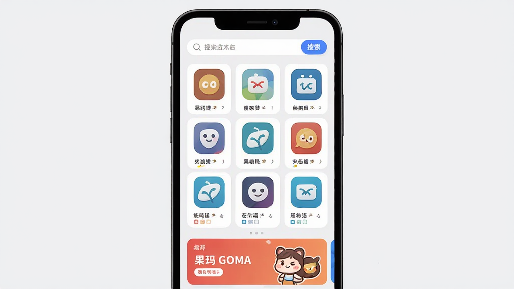 画面主体为果玛GOMA应用商店首页界面,布局为手机屏幕居中展示,上方搜索框,中部三列应用图标网格,下方推荐横幅,排版清晰分层,风格为清新浅色系扁平设计,细节包含彩色应用图标、圆角卡片、浅灰背景与蓝色强调按钮,画质干净锐利,无多余元素