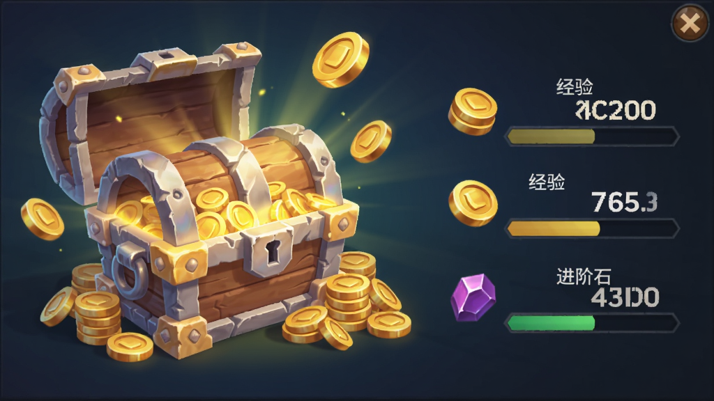 放置奇兵游戏内挂机收益结算界面,主体为宝箱与金币堆叠,布局上宝箱居中偏左,右侧列出金币、经验、进阶石三项收益数值,排版清晰,风格为卡通奇幻风,细节包含发光宝箱、飘浮金币、进度条,画质精细,画面干净,无多余元素