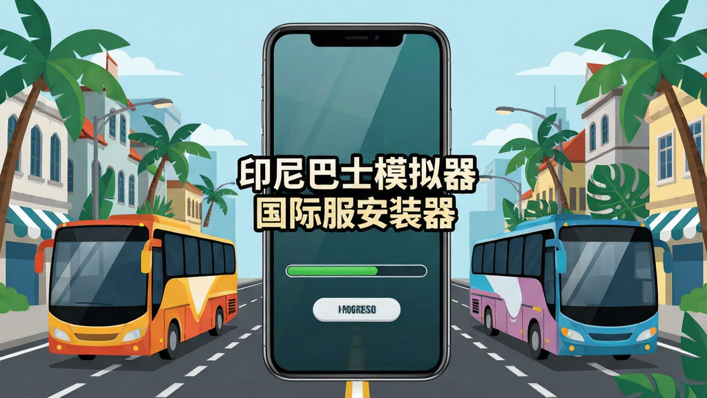 画面中央是一部智能手机,屏幕上显示印尼巴士模拟器国际服安装器的启动界面,界面中央有醒目的“印尼巴士模拟器国际服安装器”文字标识,手机周围环绕着印尼风格的城市街道、彩色巴士和热带植物元素,整体布局采用居中对称构图,风格为现代扁平化插画,细节包括巴士车身的反光、屏幕上的进度条和按钮,画质高清,画面干净,无多余元素