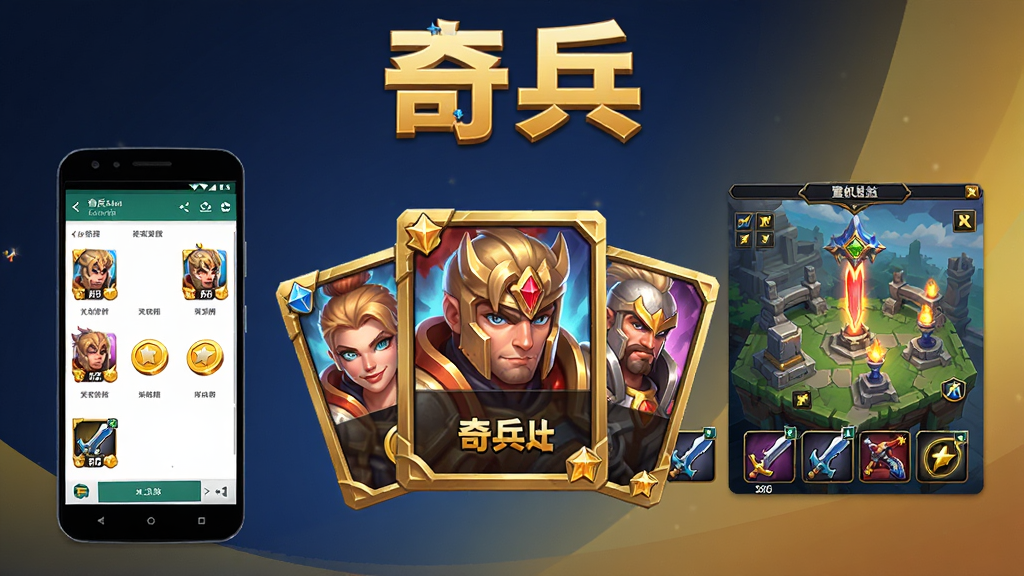 画面中央放置奇兵游戏图标与英雄卡牌组合展示,左侧为安卓手机安装界面,右侧为游戏内放置挂机收益面板,背景采用深蓝与金色渐变,排版上标题区域位于顶部居中,风格为游戏宣传海报风,细节包含英雄头像、金币图标、装备栏位,画质高清,画面干净,无多余元素