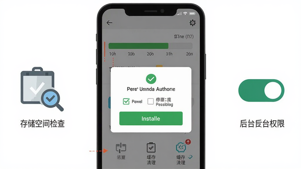 放置奇兵安卓手机安装步骤示意图,主体为手机屏幕显示安装进度条与权限授权弹窗,布局上手机居中,左侧标注存储空间检查图标,右侧标注后台权限开关,排版简洁,风格为扁平化教程插图,细节包含安装按钮、权限勾选框、缓存清理图标,画质清晰,画面干净,无多余元素