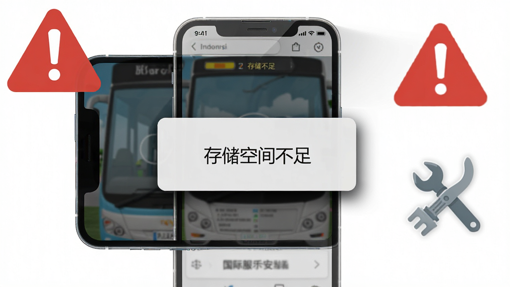 画面展示一部手机屏幕显示印尼巴士模拟器国际服安装器的错误提示弹窗,弹窗上写着“存储空间不足”的文字,手机旁边有一个红色的警示图标和一个清理空间的工具图标,布局为手机居中、警示图标在左上角,风格为扁平化警示风格,细节包括弹窗的阴影和图标的高光,画质清晰,画面干净,无多余元素