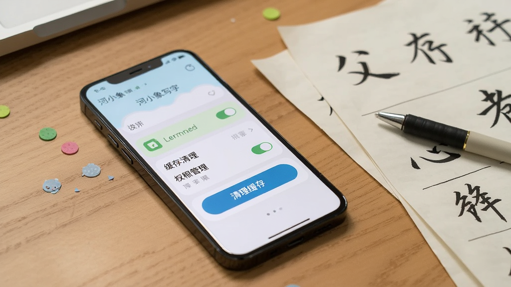 一部手机放置在书桌上,屏幕显示河小象写字的设置界面,界面中可见缓存清理与权限管理选项,手机旁边散落着几张练字纸和一支笔,布局为桌面场景的斜侧视角,风格生活化,细节包含屏幕上的“清理缓存”按钮与权限开关图标,画质清晰干净,无多余元素
