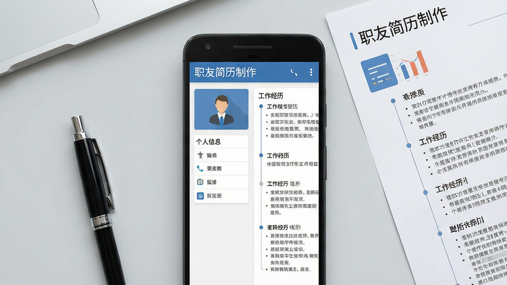 一张展示手机屏幕的图片,画面中央是一部竖放的安卓手机,屏幕内显示简历编辑界面,左侧为个人信息卡片,右侧为工作经历条目,顶部有软件名称“职友简历制作”字样,背景为浅灰色办公桌面,旁边放着一支笔和一张纸质简历,整体风格简洁商务,细节清晰,画质干净,无多余元素