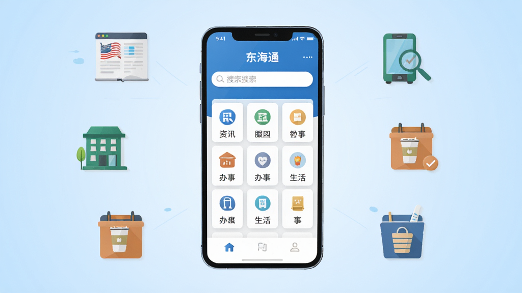 画面中央放置一部智能手机,屏幕显示蓝白色调的“东海通”应用首页界面,包含服务图标网格与顶部搜索栏,手机周围以扁平化图标环绕呈现资讯、办事、生活缴费等场景元素,整体采用简洁现代的矢量插画风格,背景为浅蓝渐变,构图居中对称,细节干净利落,画质清晰,无多余装饰元素