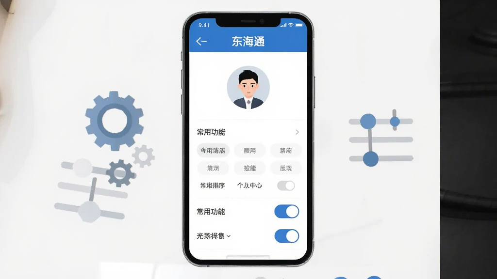 扁平化设计风格,画面主体为“东海通”个人中心设置界面,手机屏幕内展示头像、常用功能排序列表与开关控件,旁边以齿轮与滑块图标作为辅助元素,浅色背景,布局规整,风格现代简洁,画质清晰,无杂乱装饰