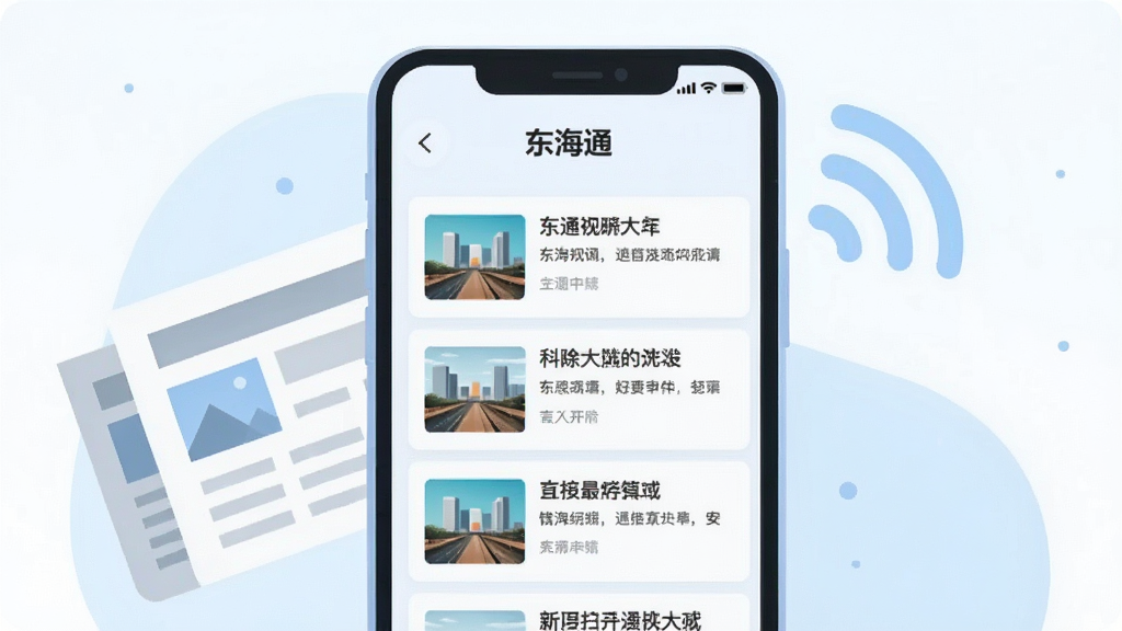 画面展示“东海通”资讯页面在手机屏幕上的呈现效果,屏幕内为新闻列表卡片布局,配有小尺寸配图与标题文字,手机旁以抽象化的报纸与信号波纹元素点缀,整体为清爽的浅色扁平插画风格,构图简洁,重点突出手机界面,画质干净清晰,无多余装饰