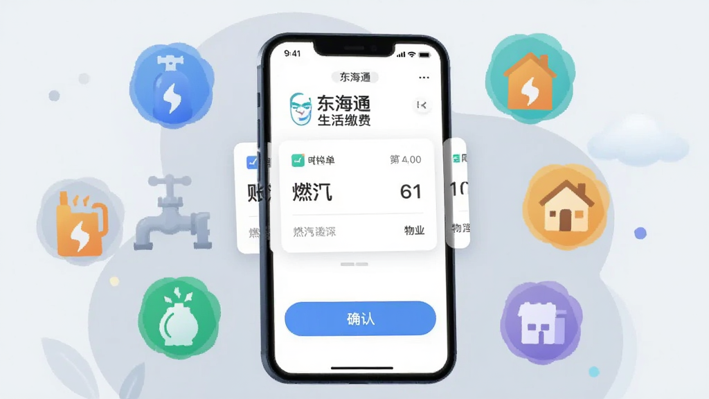插画风格,画面中一部手机显示“东海通”生活缴费页面,界面包含账单卡片与确认按钮,手机周围漂浮着水电、燃气、物业等抽象图标,背景为柔和浅灰蓝色,构图以手机为中心,风格简洁明快,细节清晰,画质干净,无多余元素
