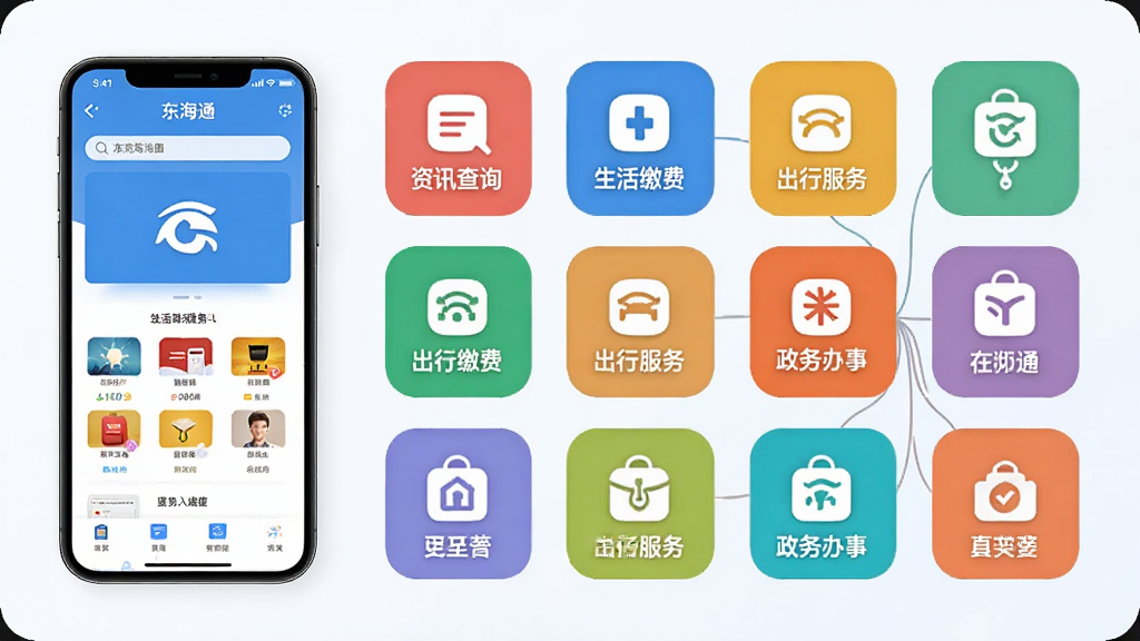 扁平化信息图风格,画面主体为“东海通”应用界面中的服务分类网格,多个彩色圆角图标整齐排列,分别代表资讯查询、生活缴费、出行服务、政务办事等模块,左侧配一部手机展示入口页面,右侧以线条连接各功能图标形成汇聚效果,浅色背景,布局清晰,风格干净现代,画质细腻,无杂乱元素
