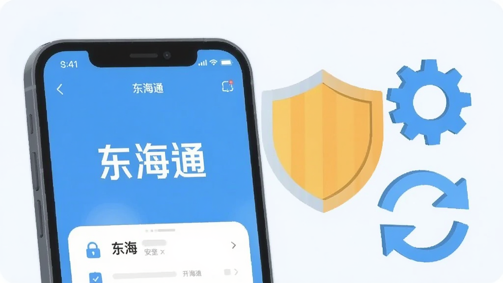 画面为一部手机展示“东海通”应用运行状态页面,屏幕旁配以盾牌、齿轮与刷新箭头等抽象图标,象征安装安全与运行优化,整体采用浅色扁平插画风格,构图简洁,重点突出手机与安全元素,画质干净清晰,无多余装饰