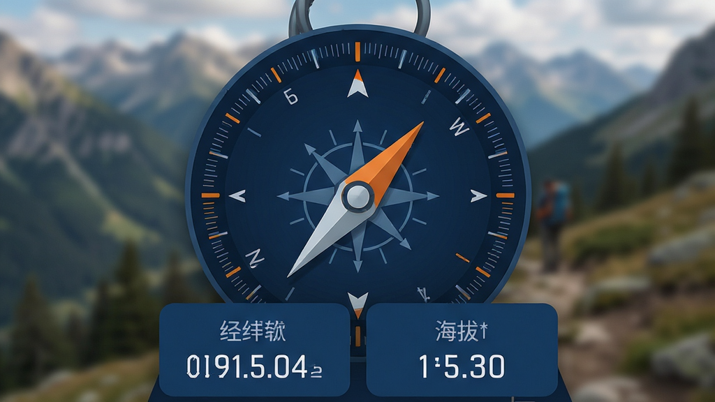 主体为多功能指南针GPS定位软件界面特写,圆形罗盘占据画面中心,指针明确指向西北方向,界面下方以卡片形式展示经纬度坐标与海拔数值;布局为界面居中放大,背景虚化为户外山野场景;排版突出数据可读性;风格为移动应用UI展示图;细节包括刻度线精细、数字字体清晰、色彩以深蓝与橙色点缀;画质高清,干净,无多余元素