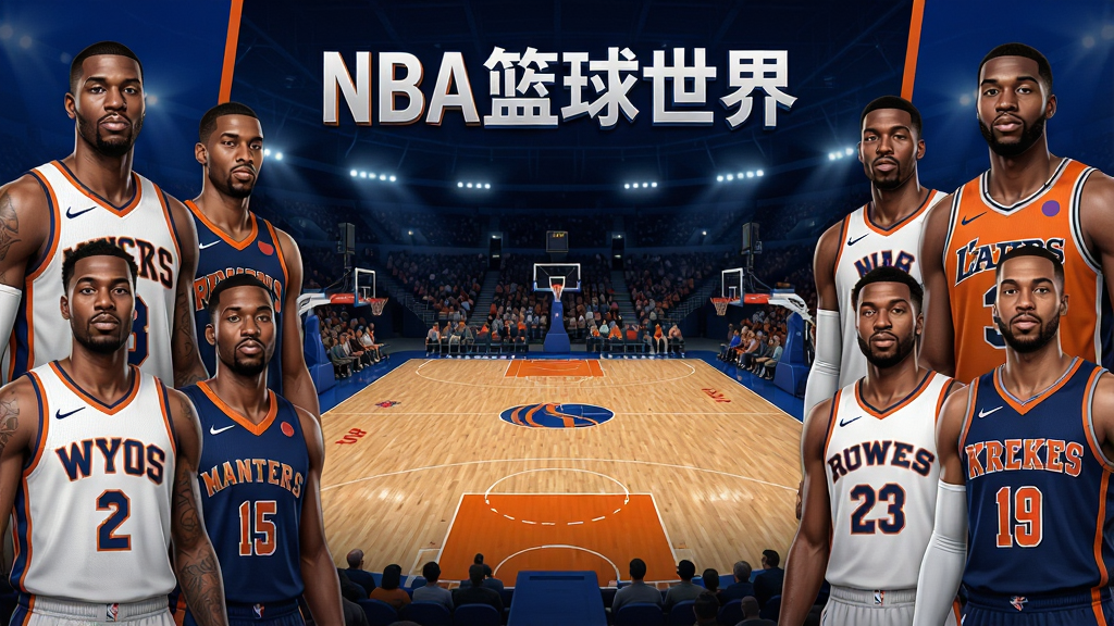 一张展示NBA篮球世界游戏主界面的图片,画面中央是篮球场馆全景,两侧分布着多位身穿不同球队球衣的篮球运动员立绘,顶部有游戏名称文字“NBA篮球世界”,整体采用写实体育风格,色彩以深蓝与橙色为主,布局为游戏启动页排版,细节包含球员面部表情和球衣纹理,画质高清,干净整洁,无多余元素