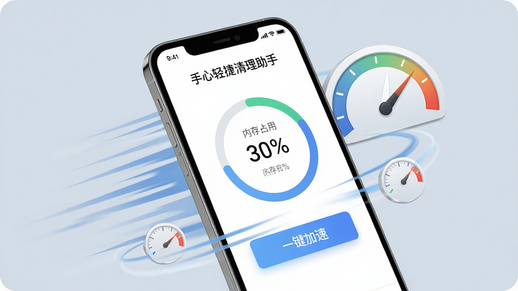 一张展示手机内存加速功能的图片,画面中一部手机屏幕显示“手心轻捷清理助手”的内存加速界面,界面中有内存占用百分比圆环与一键加速按钮,手机周围环绕着速度线条与仪表盘元素,风格动感简洁,背景为浅灰蓝色,细节清晰,画质干净,无多余元素