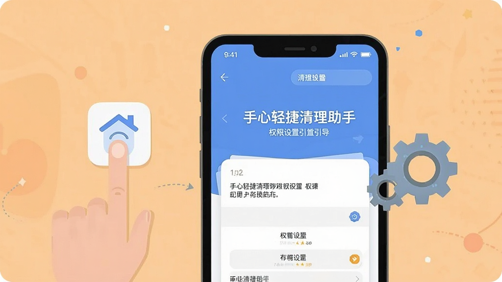 一张展示手机清理软件使用技巧的图片,画面中一部手机屏幕显示“手心轻捷清理助手”的权限设置引导页面,手机旁边有手指点击图标与齿轮设置符号,风格扁平化,背景为浅橙色,细节清晰,画质干净,无多余元素