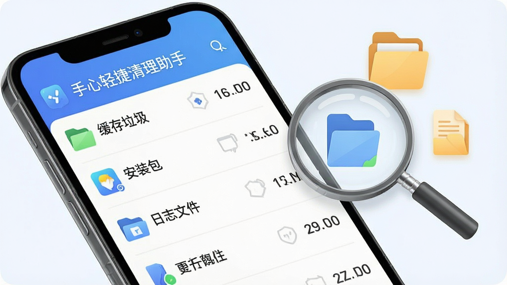 一张展示手机清理软件扫描界面的图片,画面中一部手机屏幕显示“手心轻捷清理助手”的分类扫描结果列表,列表项包含缓存垃圾、安装包、日志文件等类别及对应大小,手机旁边漂浮着放大镜与文件图标,整体风格清爽,背景为浅色,细节清晰,画质干净,无多余元素