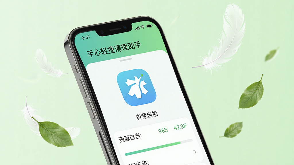 一张展示轻量软件运行状态的图片,画面中一部手机屏幕显示“手心轻捷清理助手”的运行状态页面,页面中有轻量图标与资源占用数值,手机旁边漂浮着羽毛与树叶元素象征轻盈,风格清新自然,背景为浅绿色,细节清晰,画质干净,无多余元素