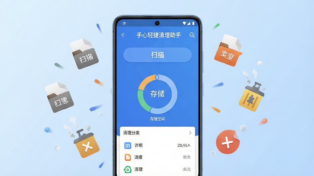 一张展示手机屏幕的图片,画面中央是一部竖屏安卓手机,手机屏幕上显示“手心轻捷清理助手”的主界面,界面包含扫描按钮、存储空间环形图与清理分类列表,手机周围环绕着漂浮的缓存文件图标与垃圾清理符号,背景为浅蓝色渐变,风格简洁现代,细节清晰,画质干净,无多余元素