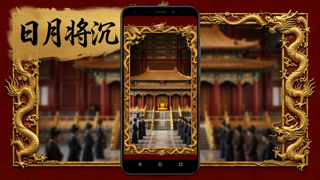 画面中央是一部竖屏安卓手机,屏幕中显示古代宫殿与朝堂场景,金色龙纹边框环绕,画面左上角用书法字体写“日月将沉”,整体采用深红与鎏金配色,古风写实风格,布局简洁居中,细节精致,画质清晰干净,无多余元素