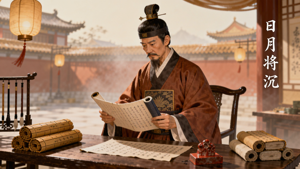 古代书房场景中,一位身着官服的人物立于案前翻阅奏折,案上摆放竹简与印章,背景为朦胧的宫墙与灯笼,画面右侧用竖排小字写“日月将沉”,古风插画风格,构图稳重,色调偏暖,细节丰富,画质细腻干净