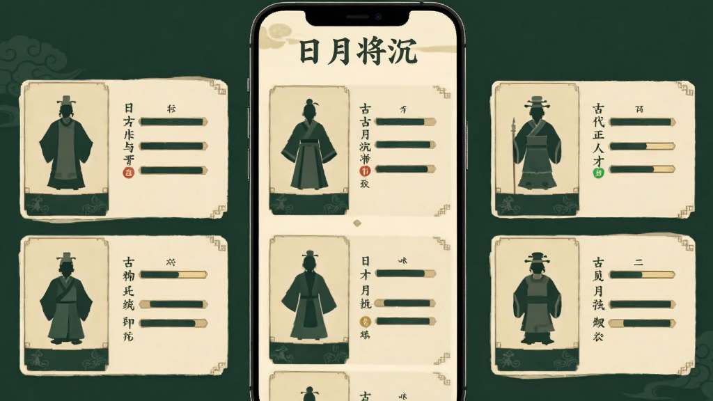 竖屏手机界面展示古代人才卡牌列表,每张卡牌上有不同服饰的人物剪影与属性条,界面配色为米黄与墨绿,顶部写“日月将沉”四字,UI设计简洁清晰,古风扁平化风格,布局规整,画质干净无杂乱元素