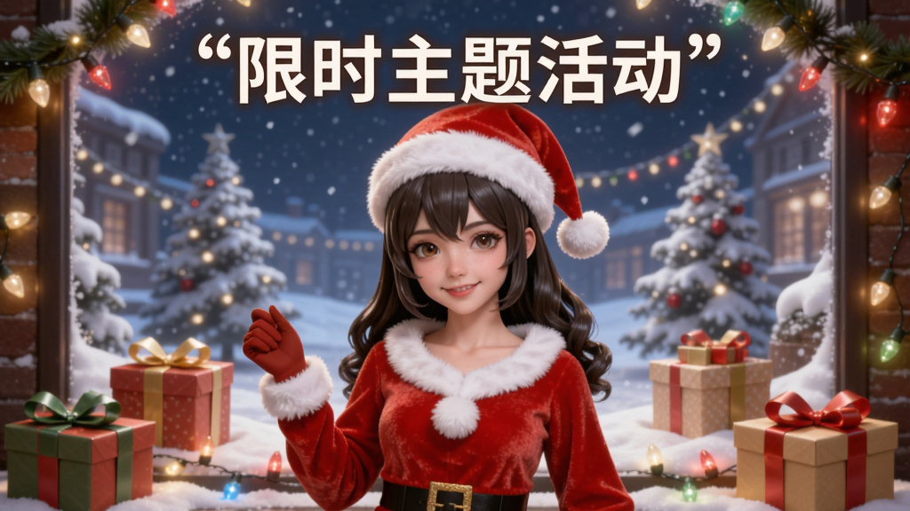 一幅节日主题活动宣传图,画面中少女造型逆袭的角色身穿圣诞主题服饰站在雪景橱窗前,周围有礼物盒与彩灯装饰,顶部用引号标注文字“限时主题活动”,整体风格温馨甜美、色彩丰富,布局人物居中、场景环绕,画质高清干净、无杂乱元素