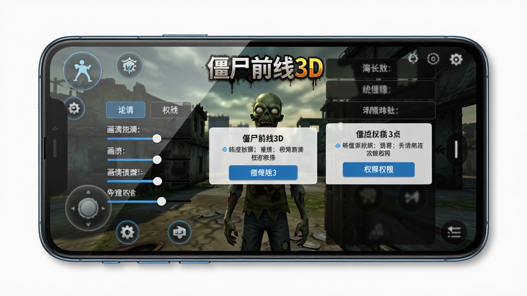 手机屏幕显示僵尸前线3D游戏主界面与设置菜单,画面主体为手机与游戏UI界面,布局采用正面平铺构图,手机居中,排版展示画质选项与权限提示框,风格为科技数码风,细节包括屏幕反光、设置滑块、权限弹窗按钮,画质高清、干净、无多余元素,画面中可加入文字