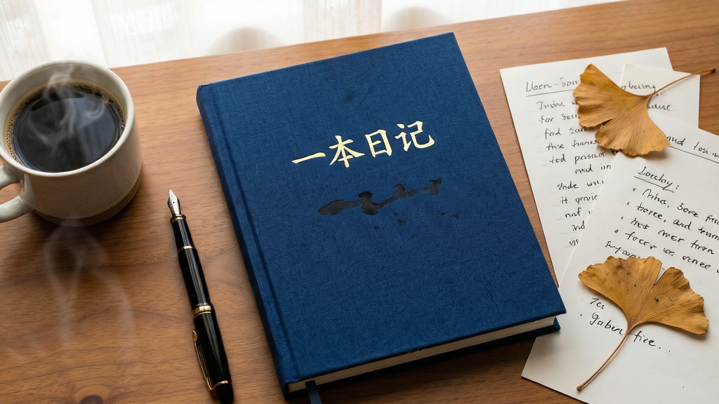 画面中央放置一本摊开的深蓝色布面日记本,封面烫金印有“一本日记”四个中文字,日记本左侧摆放一支钢笔与一杯冒热气的咖啡,右侧散落几张手写便签和一片干枯的银杏叶,背景为暖色调木质桌面与柔和窗光,整体采用俯拍平铺构图,风格清新治愈,细节上突出纸张纹理与墨迹质感,画质清晰干净,无多余元素