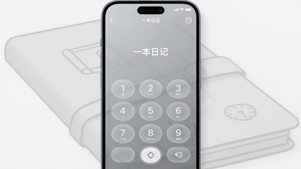 画面主体为一部竖屏智能手机,屏幕中央显示“一本日记”应用的四位数字密码输入界面,数字键盘呈半透明磨砂质感,手机背后隐约可见一本合拢的日记本轮廓,整体布局居中对称,风格简约科技感,细节上突出屏幕光影与按键立体感,画质清晰干净,无多余元素