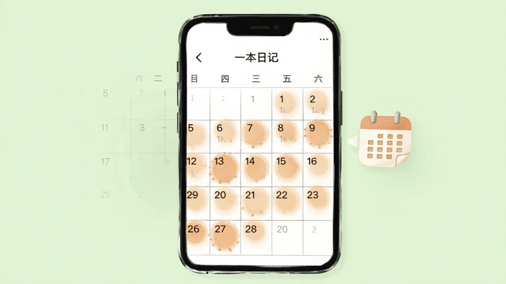 画面主体为手机屏幕中的“一本日记”日历视图,月历网格中有若干日期格被淡橙色高亮标记,旁边悬浮一个小日历图标,背景为柔和的浅绿色,整体布局居中,风格温暖治愈,细节上突出高亮日期的光晕效果与网格线条,画质清晰干净,无多余元素